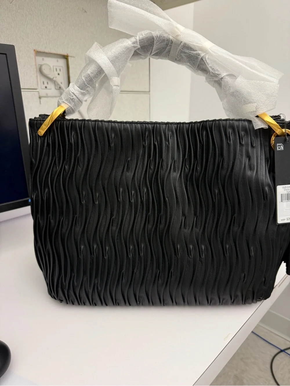Donna Karan Black Textured Wavy Tote Bag